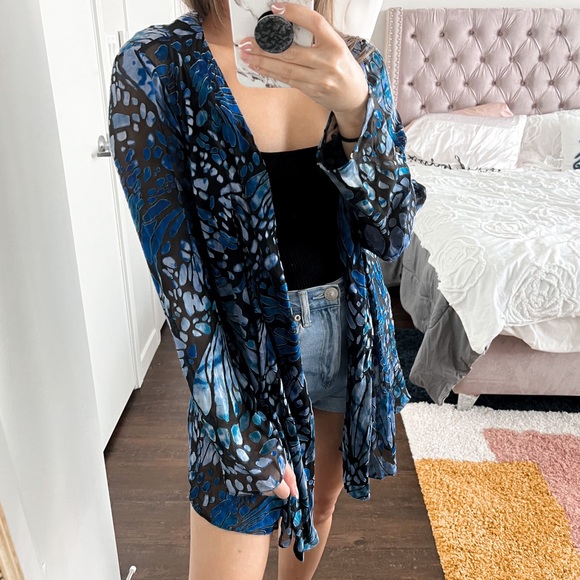 Chico's Sweaters - ⭐️SOLD⭐️ Chico’s Blue Crushed Velvet Silk Blend Open Front Lightweight Cardigan